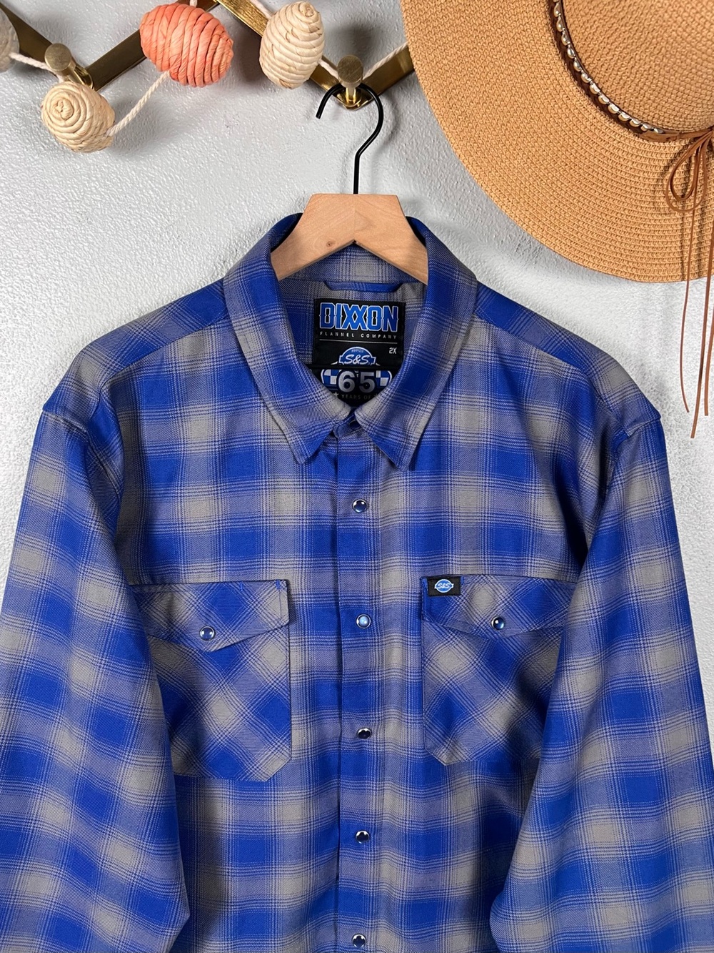 Dixxon Flannel S&S Cycle 65th Anniversary Men's 2X Blue Plaid Pearl Snap Shirt - Picture 2 of 9